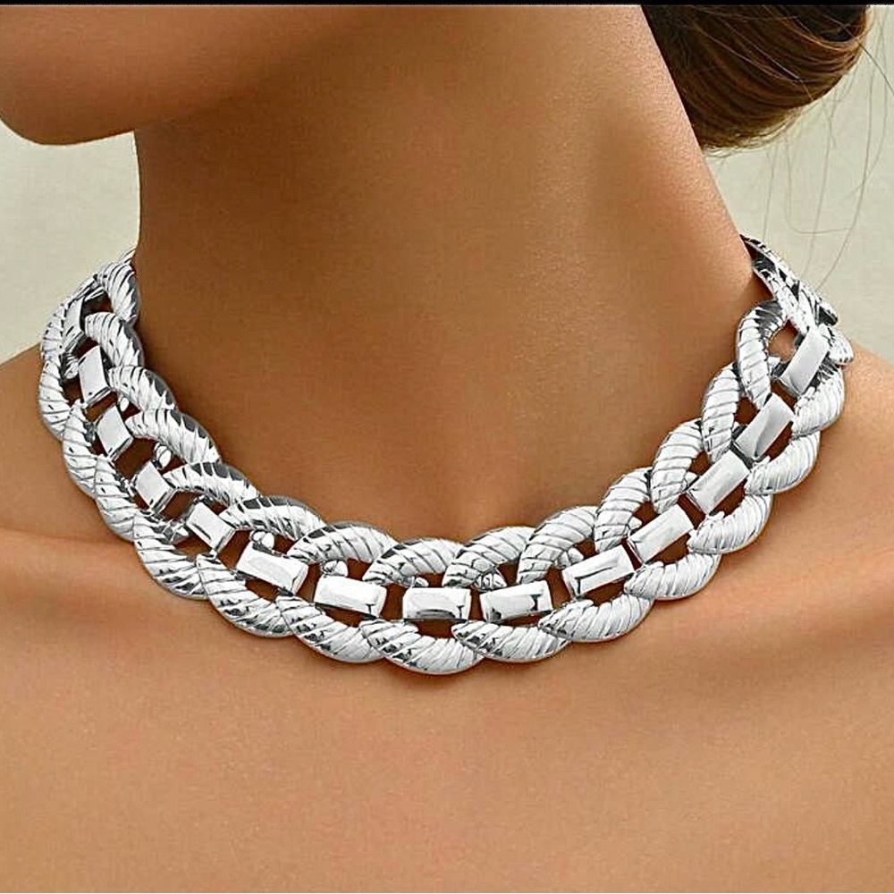 Chunky Silver Weaving Statement Choker Necklace